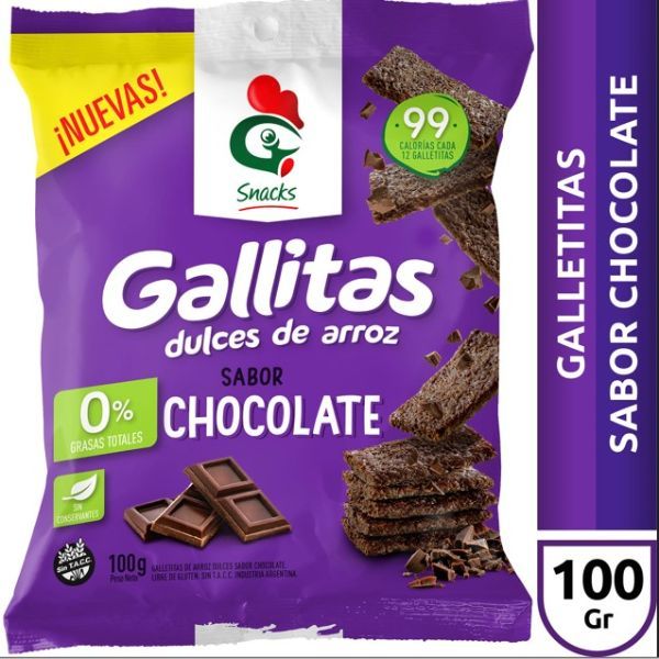 Gallo Gallitas Doces de Arroz Biscoitos de Arroz Doce de Chocolate Sabor Chocolate Sem Glúten, 100 g / 3,52 oz (embalagem com 3) 