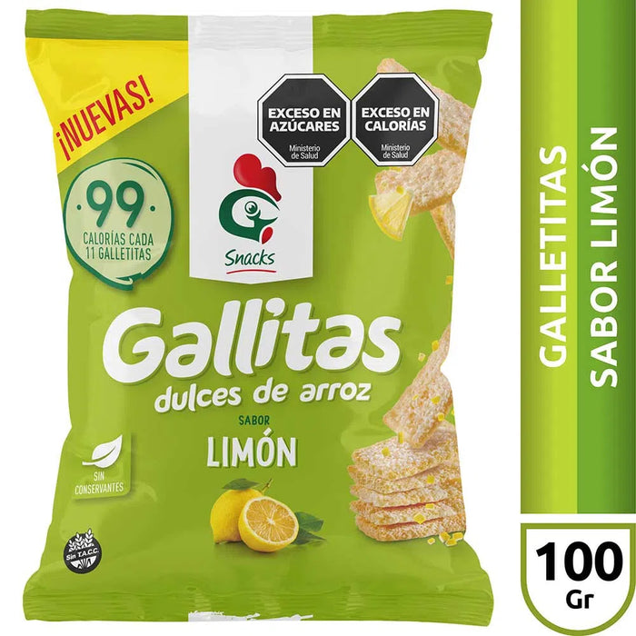 Gallo Gallitas Dulces de Arroz Limón Biscoitos de Arroz Doce Sabor Limão Sem Glúten, 100 g / 3,52 oz (embalagem com 3) 
