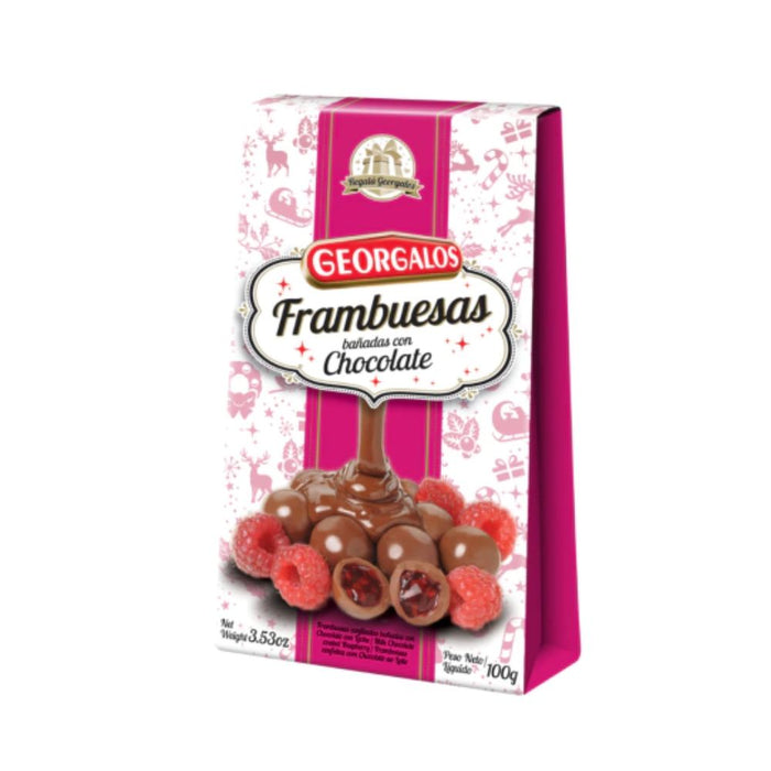 Georgalos Frambuesas Bañadas Con Chocolate Raspberries with Milk Chocolate Coating, 100 g / 3.53 oz