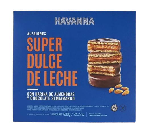 Havanna Alfajor Super Doce de Leite Chocolate Semiamargo com Doce de Leite e Farinha de Amêndoas (caixa com 9) 
