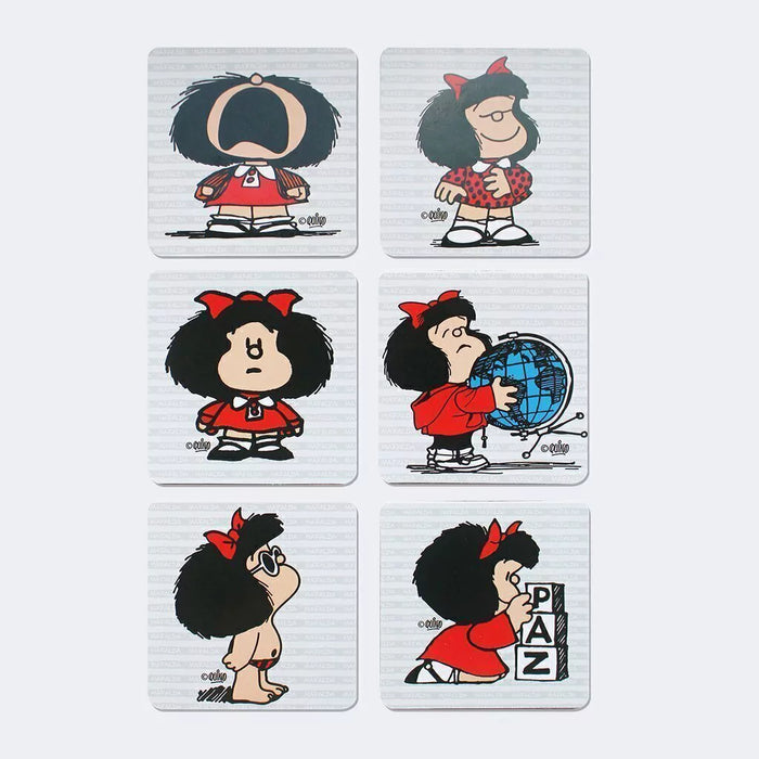Imanías Mafalda Poses Coasters (Square) - Set of 6 Stylish Cork Base Drink Coasters for Home Decor
