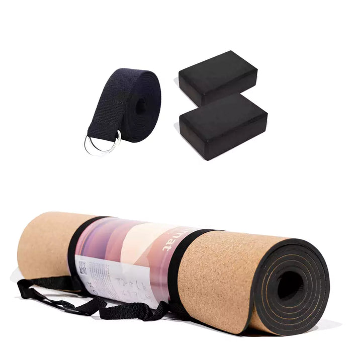 Ionify Yoga Combo: Ecomat + Portamat + 2 Zenblocks + 1 Dstrap - Cork + TPE 6mm