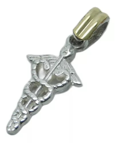 Joyas Bávaro Dije Cadúceo - Vara de Esculapio Plata y Oro - Exquisite Healing Symbol Pendant