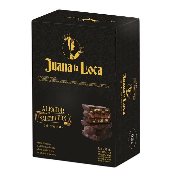 Juana La Loca Alfajor Salchichón Semi-Bitter Chocolate Alfajor with Dulce de Leche Filling, 92 g / 3.24 oz (box of 10 alfajores)