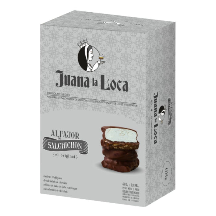 Juana La Loca Alfajor Salchichón Semi-Bitter Chocolate & Meringue Alfajor with Dulce de Leche Filling, 68 g / 2.4 oz (box of 10 alfajores)