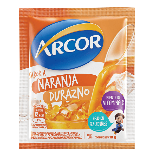 Jugo Arcor Sabor Naranja Durazno Powdered Juice Orange & Peach Flavor, 18 g /  0.63 oz (box of 18)