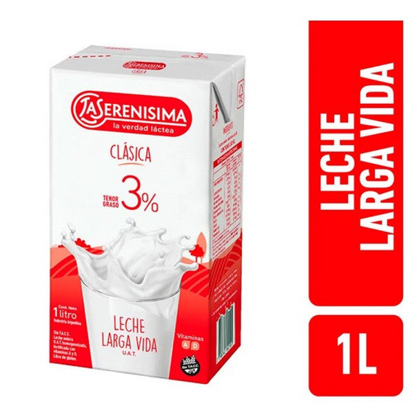 La Serenísima Leche Larga Vida Clásica 3% Milk-Fat, 1 L / 33.8 fl oz Tetra-brick