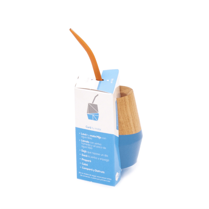 MIJO | Wooden Blue Mate with Carry Bag and "Bombilla" Straw | Mate de Madera con Bombilla (Choose Straw Color)
