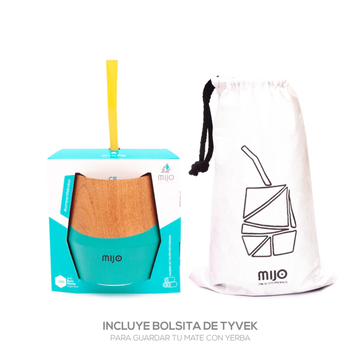 MIJO | Wooden Turquoise Mate with Carry Bag and "Bombilla" Straw | Mate de Madera con Bombilla (Choose Straw Color)