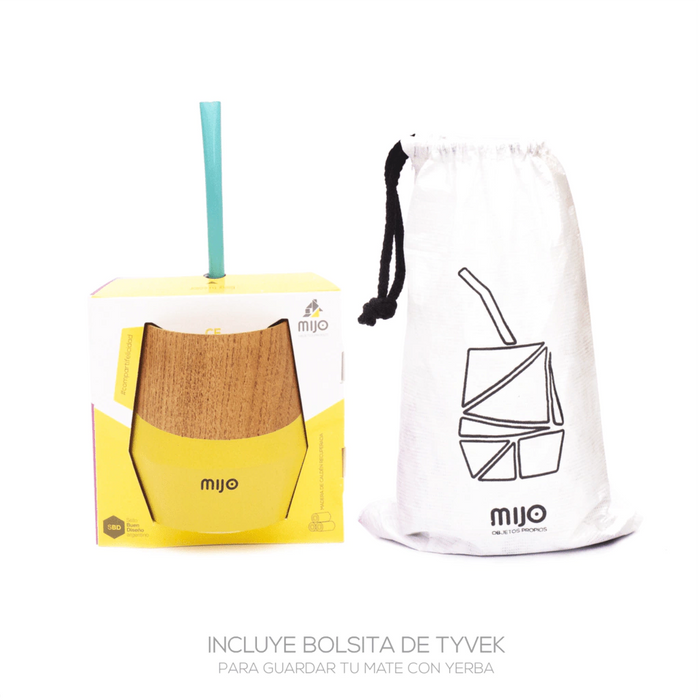 MIJO | Wooden Yellow Mate with Carry Bag and "Bombilla" Straw | Mate de Madera con Bombilla (Choose Straw Color)