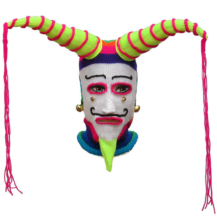 Mamakolla Handcrafted Carnaval Mask: 'Diablito, Tinkus or Ukuku' with Horns, Strips, and Bells in Wiphala Flag Colors. Perfect for Adult Carnivals & Festivities