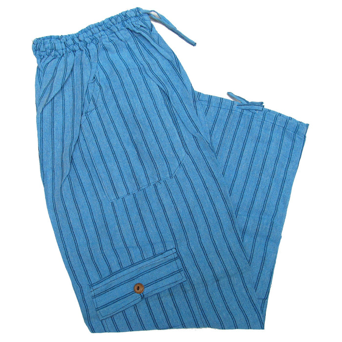 Mamakolla Multicolor Cotton Striped Pants: Adjustable Waist, Side Pockets, & Leg Utility Pockets for Adults (Sky Blue)