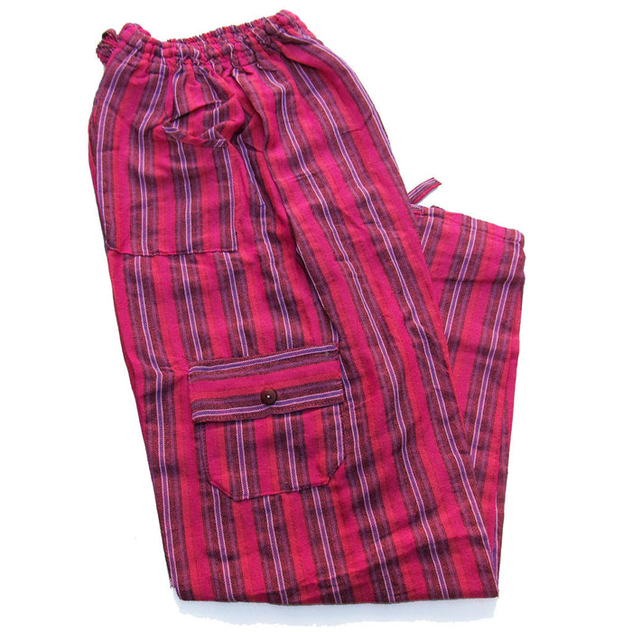 Mamakolla Multicolor Striped Cotton Pants - Adjustable Waist - Side Pockets - Leg Cargo Pockets (fine pink)