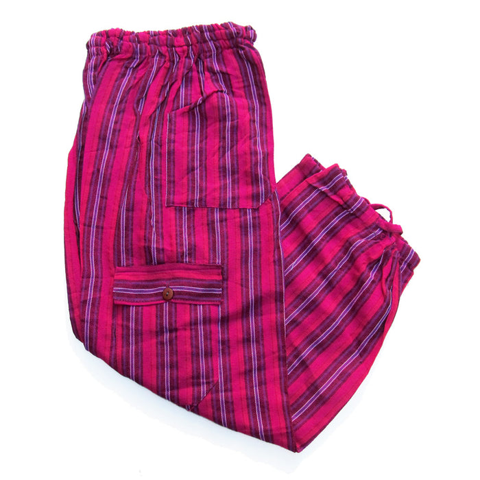 Mamakolla Multicolor Striped Cotton Pants - Adjustable Waist - Side Pockets - Leg Cargo Pockets (fine pink)