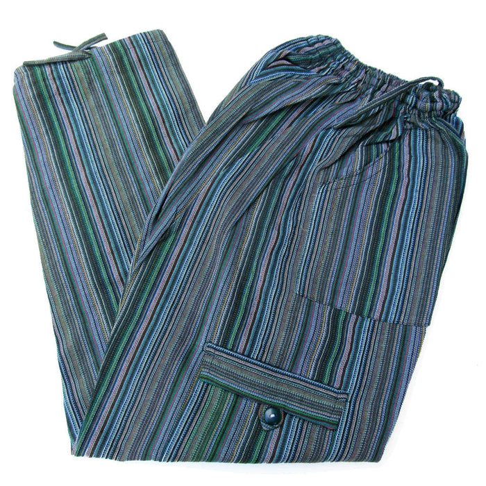 Mamakolla Multicolor Striped Cotton Pants: Adjustable Waist, Side Pockets, Leg Cargo Pockets for Adults (Blue Green)