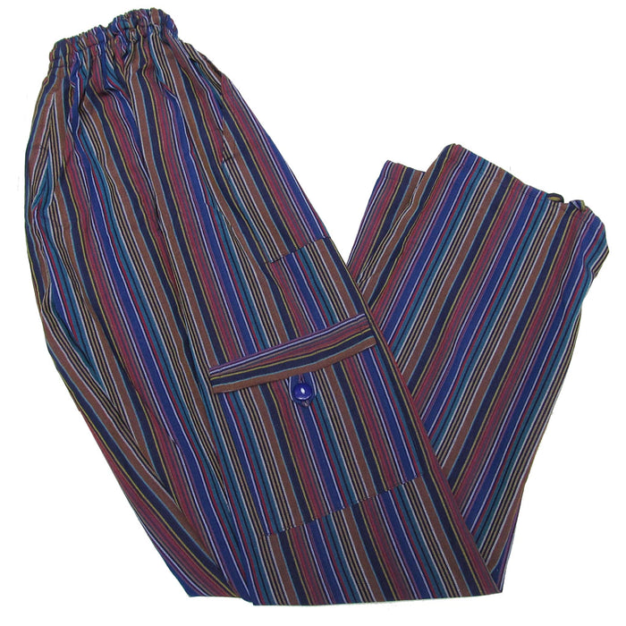 Mamakolla Multicolor Striped Cotton Pants: Adjustable Waist, Side Pockets & Leg Pouches - Adult Sizes (Multi Blue)