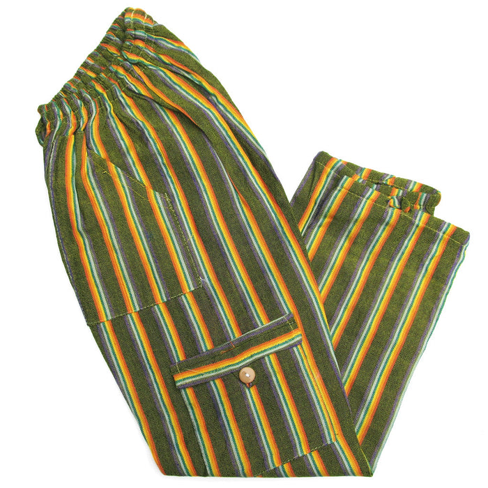 Mamakolla Multicolor Striped Cotton Pants for Adults - Adjustable Waist, Side Pockets, & Leg Utility Pockets (Green)