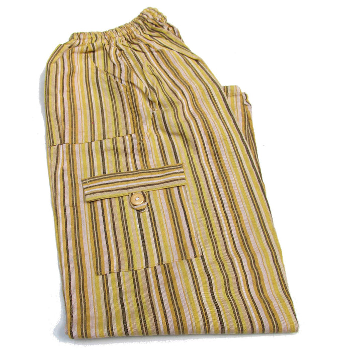Mamakolla Stylish Multicolor Striped Cotton Pants for Adults - Adjustable Waist & Side Pockets - Leg Utility Pockets (Yellow)