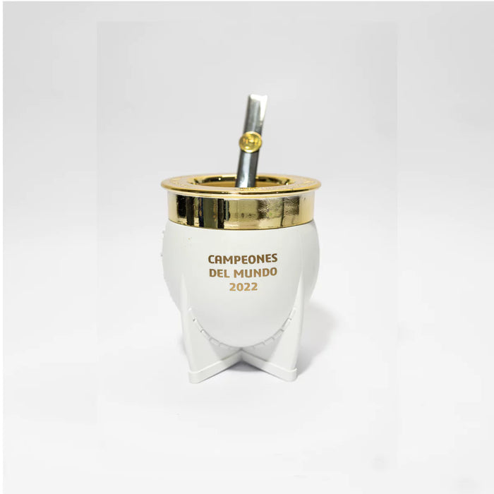 Mate Pampa - XL | White Afa Mate with Gold Ring & Seleccion Argentina Logo | World Champions 2022 Tribute