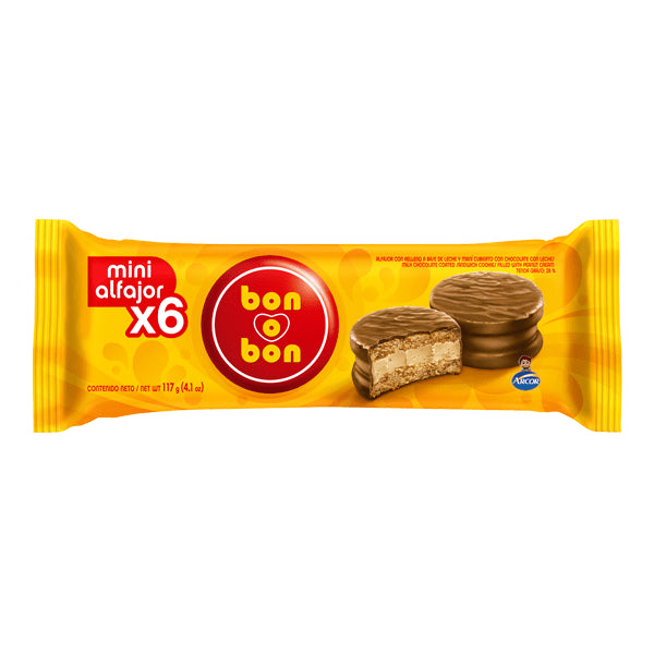 Mini Alfajores Bon o Bon Milk Chocolate Coated Sandwich Cookies Filled with Peanut Cream, 117 g / 4.1 oz (6 units)