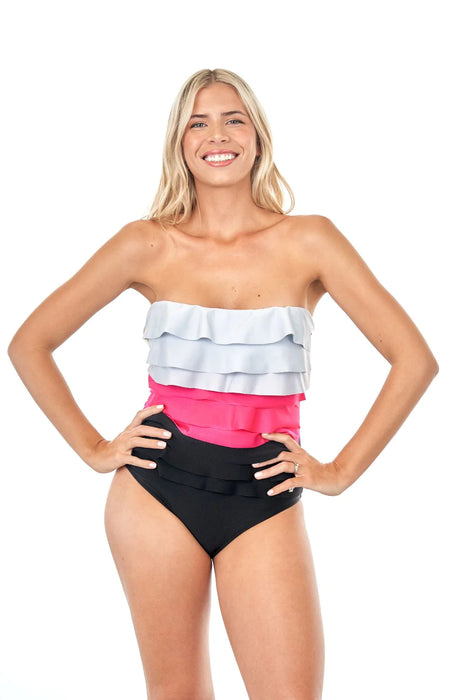 MiroSol Bandeau Swimsuit with Ruffled Trim, Removable Shaping Cups, and Detachable Straps