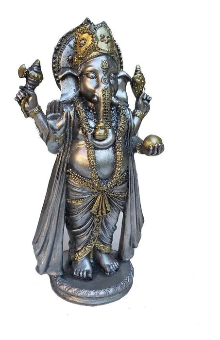Estatua Decorativa de Ganesh de Pie con Baño de Plata 22 cm x 12 cm - Decoración de Resina Hecha a Mano - 