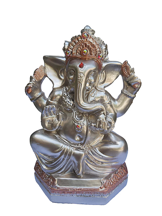 Estatuilla Plateada de Ganesh Mundo Hindú 20 cm x 15 cm - Decorativa de Yeso Hecha a Mano