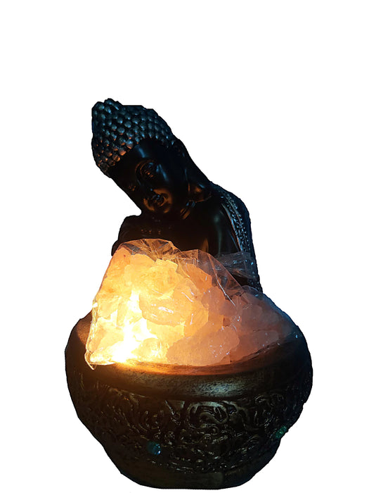 Mundo Hindú Lámpara de Sal del Himalaya Buda 21cm x 12cm - Iluminación Decorativa Natural para Hogar, Oficina y Eventos - Lámpara de Sal Buda del Himalaya