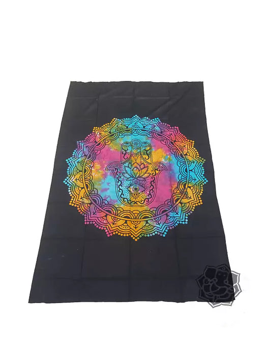 Mundo Hindú | Hindu 1-Plaza Bedspread with Black Background and Multicolored Mandala Design