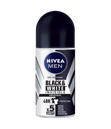 Nivea Men Roll On Antiperspirant & Deodorant Invisible Black and White 48 Hour Protection  - Alcohol Free, 50 ml / 1.69 fl oz