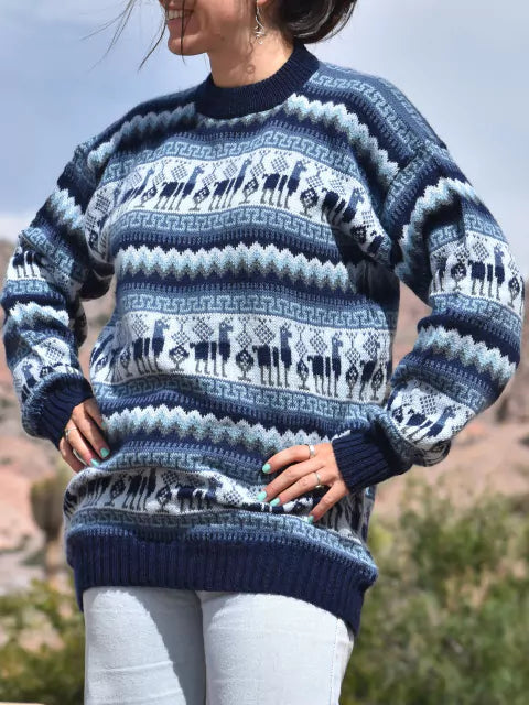 Norteño Spring Design Wool Sweater: Unisex Alpaca Knit Sweater for Men and Women (Blue)