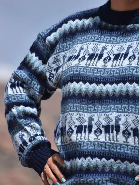 Norteño Spring Design Wool Sweater: Unisex Alpaca Knit Sweater for Men and Women (Blue)