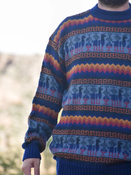Norteño Spring Design Wool Sweater: Unisex Alpaca Knit Sweater for Men and Women (Dark Blue)