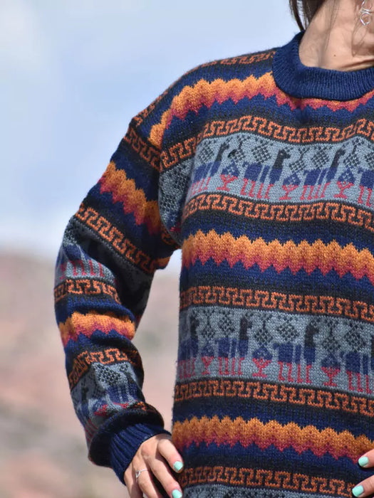 Norteño Spring Design Wool Sweater: Unisex Alpaca Knit Sweater for Men and Women (Dark Blue)