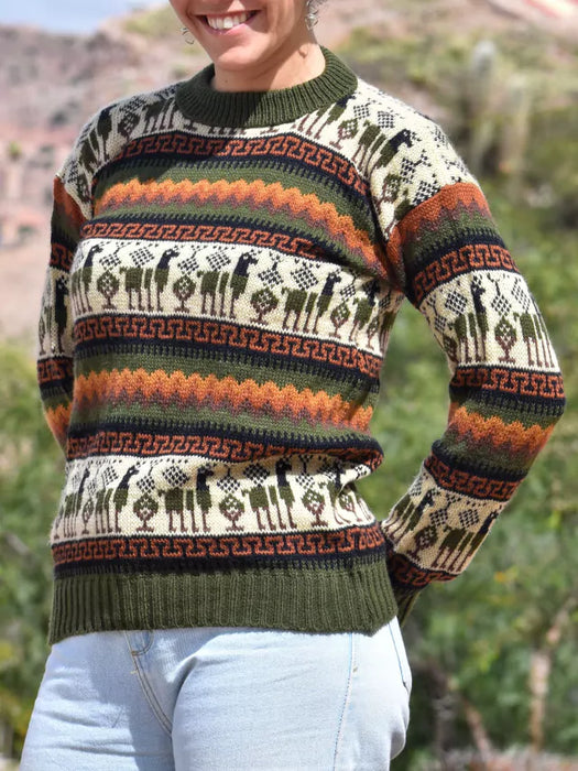 Norteño Spring Design Wool Sweater: Unisex Alpaca Knit Sweater for Men and Women (Green)
