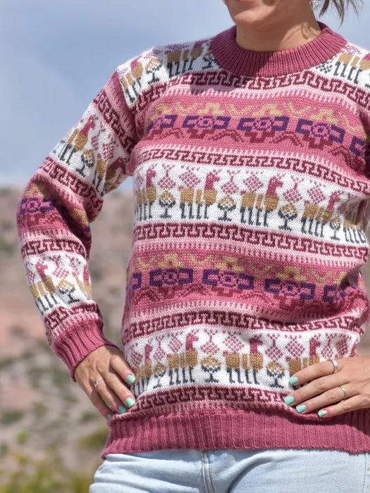 Norteño Spring Design Wool Sweater: Unisex Alpaca Knit Sweater for Men and Women (Pink)