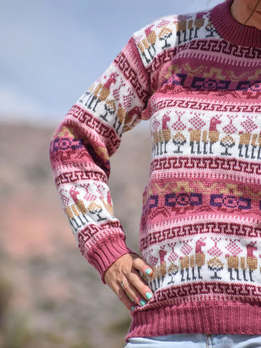 Norteño Spring Design Wool Sweater: Unisex Alpaca Knit Sweater for Men and Women (Pink)