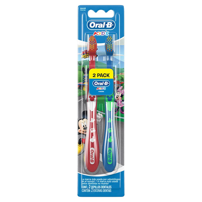 Oral-B Kids Mickey Toothbrushes x 2 - CrossAction Bristles - Tongue Cleaner - Fresh Breath - Mickey Design