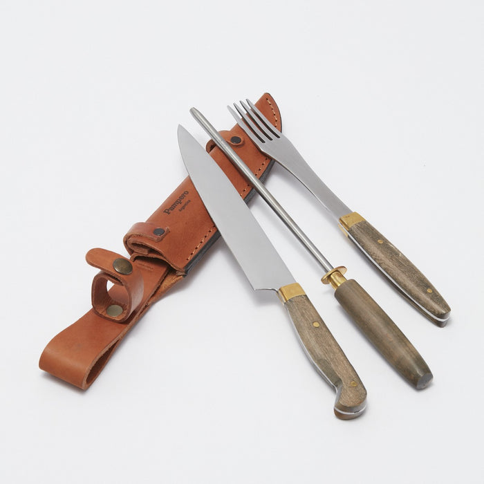 Pampero Ultimate Grill Set: Practical with Knife Sharpener Chain | Wooden Handle