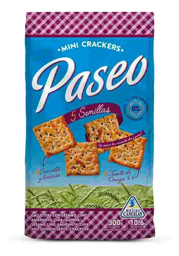 Paseo Mini Crackers 5 Semillas Crackers Com Sementes de Gergelim, Linho, Amaranto, Chia e Quinoa, 300 g / 10,6 oz (pacote com 3) 
