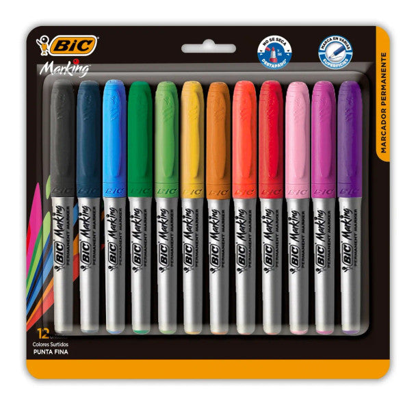 Permanent Markers, Fine Point, Assorted Colors, Works on Plastic, Wood, Stone, Metal and Glass for Doodling, Coloring, Marking, 12 Count, Ideal For Home & School Projects by BIC