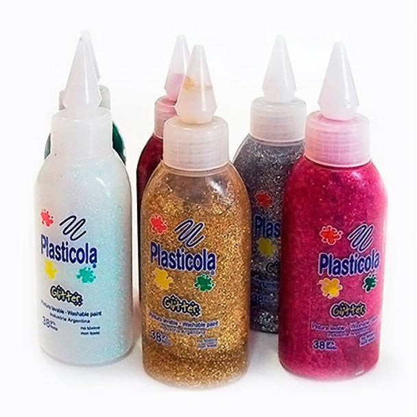 Plasticola Glitter Glue Assorted Colors, Pegamento Líquido Brillante, Perfect for Homemade Slime, Arts & Crafts & School Projects, 38g / 6.0 oz. (pack of 6)