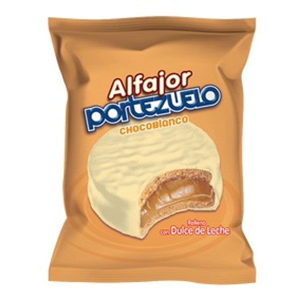 Portezuelo Alfajor Clásico Blanco White Chocolate Alfajor Filled with Dulce de Leche, 40 g / 1.41 oz (pack of 12)