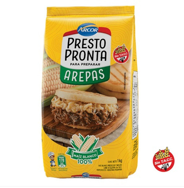 Presto Pronta Arepas Harina de Maíz Blanco White Corn Meal Flour for Arepas 100% White Corn - Gluten Free, 1 kg / 2.2 lb bag