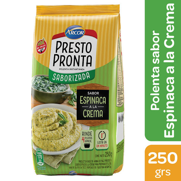 Presto Pronta Polenta Instantánea Saborizada Espinaca Creamed Spinach Flavored Corn Meal Ready In One Minute, 250 g / 8.81 oz