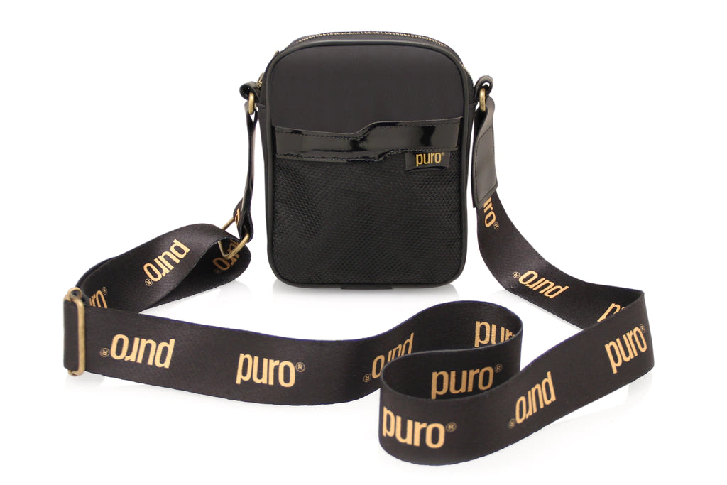 Puro Vegan Mini Crossbody Bag - Black Synthetic Combo - Adjustable Sublimated Strap - Interior Pocket & Plastic Key Clip