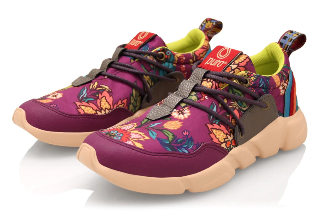 Puro Vegan Product Tubular Corded Shoes in Two Colors, Microfiber Reinforced Printed Upper, Synthetic Black Toe, Rainbow PU Heel