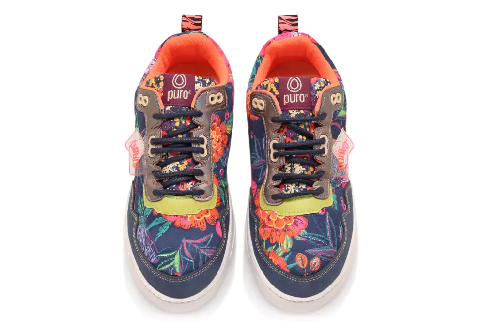 Puro Vegan Product Weil Nahui Sneakers with Microfiber Reinforced Printed Upper, Tiza-colored Injected EVA Rubber Sole, Textured Black Synthetic Laces, and Coral Synthetic Trim - Black Cords