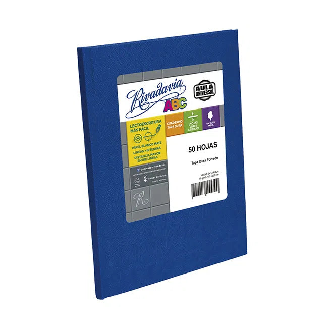 Rivadavia Cuaderno Tapa Dura Cuadriculado Azul Aula Universal Striped Blue Hard Cover Notebook with 50 Matte White Sheets, 190 mm x 235 mm / 7.48 " x 9.25"