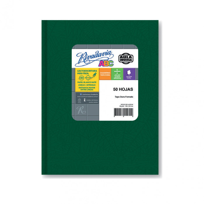 Rivadavia Cuaderno Tapa Dura Cuadriculado Verde Aula Universal Striped Blue Hard Cover Notebook with 50 Matte White Sheets, 190 mm x 235 mm / 7.48 " x 9.25"